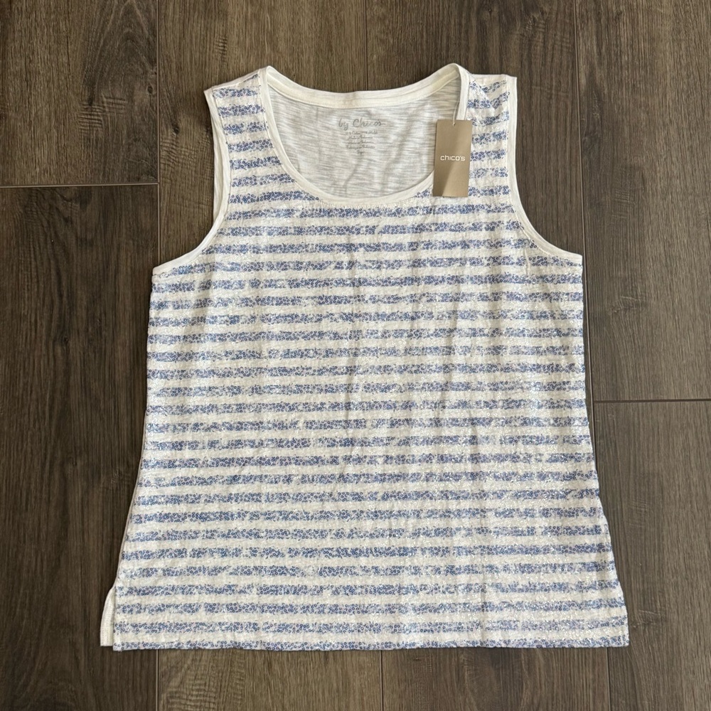Chico's Blue White Weathered Stripe Sequin Knit Tank Top NWT